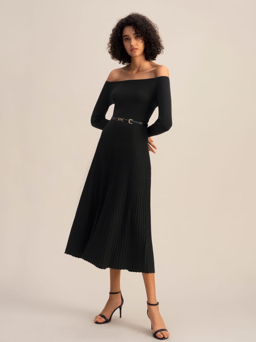 Lilysilk Off Shoulder Black Ribbed Midi Vivi Knit Dress